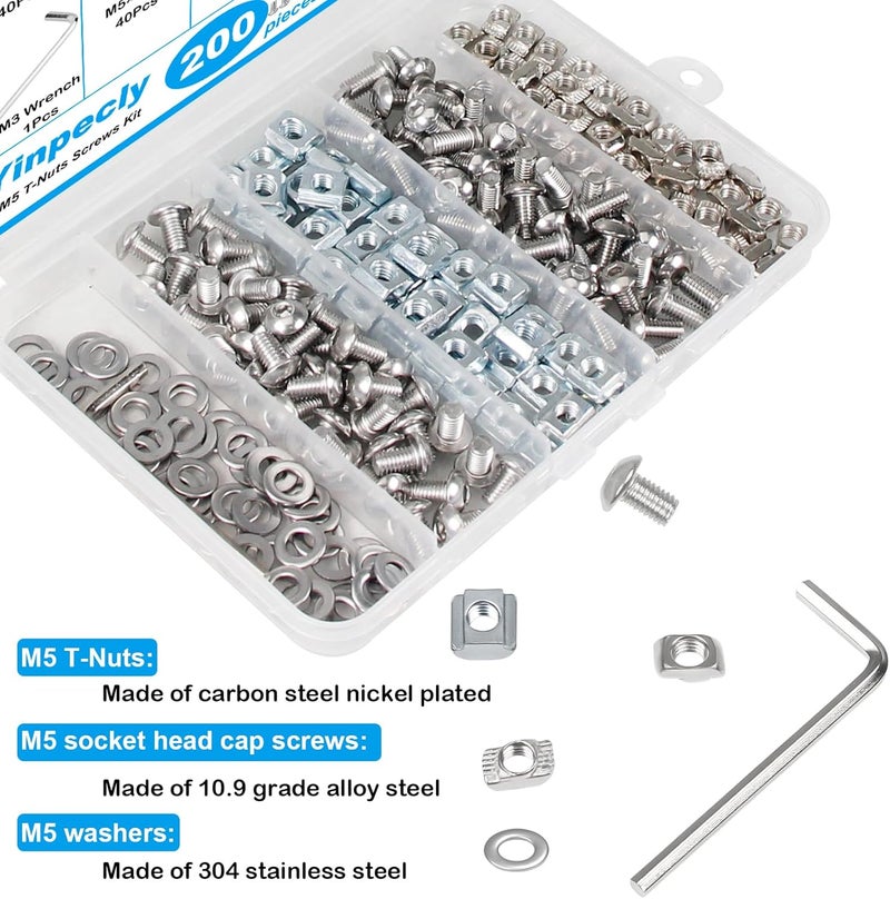 Yinpecly 200Pcs M5 T-Nuts Screws Kit, Hammer Head T Slot Nut for 2020 Series Aluminum Extrusion, M5 Hexagon Socket Screws, T Sliding Nut, Washers, Silver - Image 3
